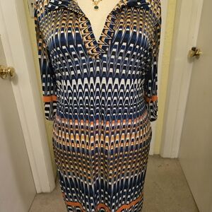 Mlle Gabrielle Blue and Orange Geometric Midi Dress